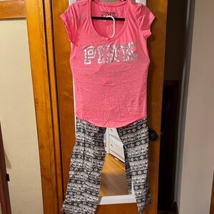 PINK Victoria's Secret Pink Top and Black Patterned Pajama Set